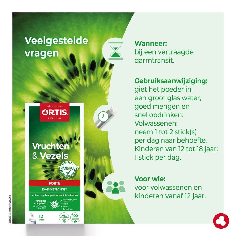 Ortis Vruchten & Vezels Forte: Verpakking met kiwi-afbeelding, 12 zakjes, voor darmtransit.
