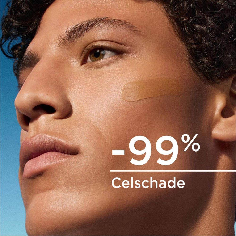 Man met bruine vlek op de huid. Tekst: -99% celschade.