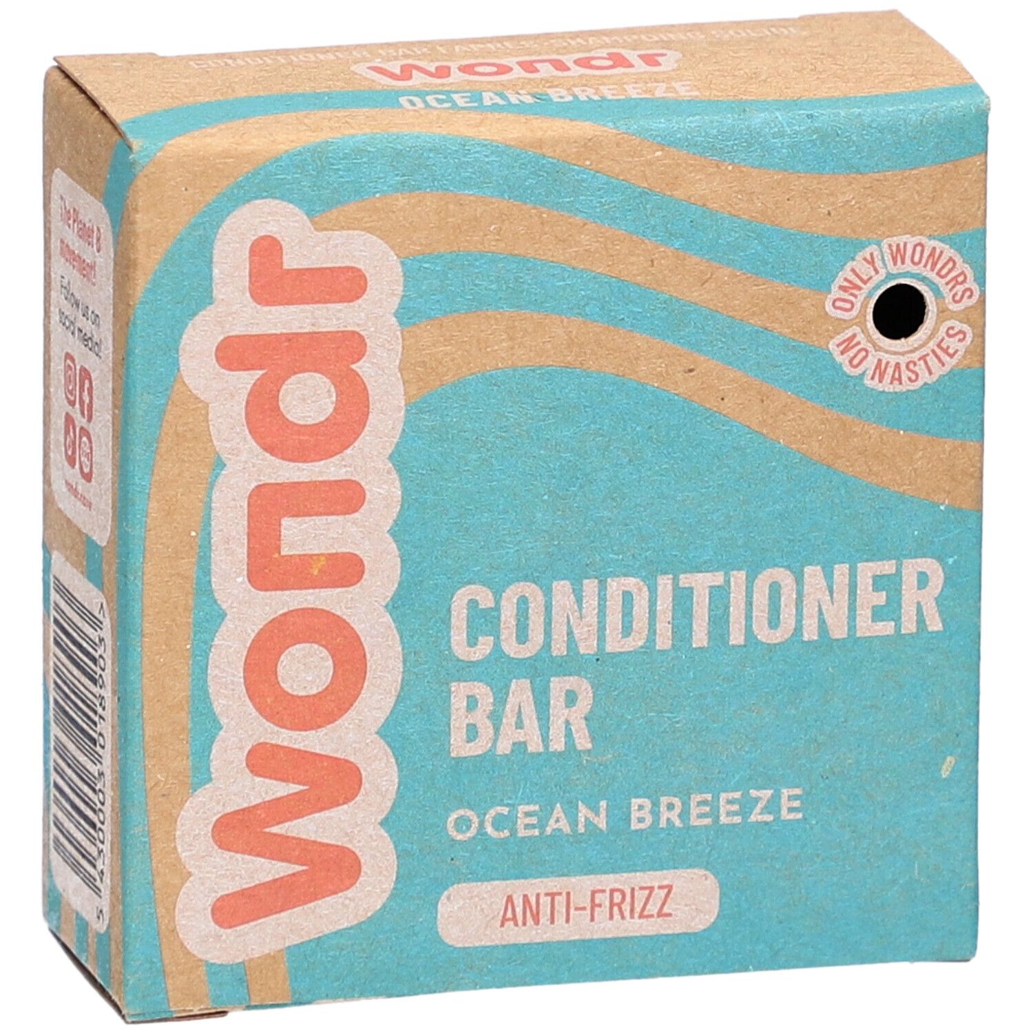 Boîte en carton. Inscription : Wondr, Conditioner Bar, Ocean Breeze, Anti-Frizz. Motif vagues et logo.
