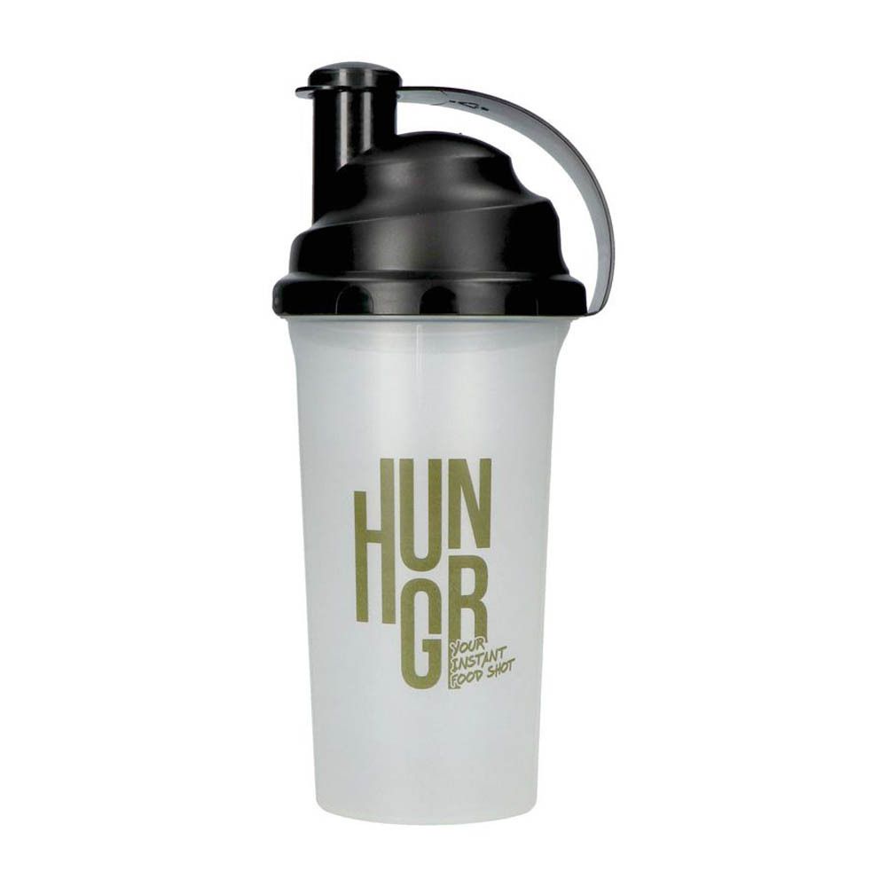 Shaker avec couvercle et poignée noirs. Inscription "HUNGR" et "YOUR INSTANT FOOD SHOT".