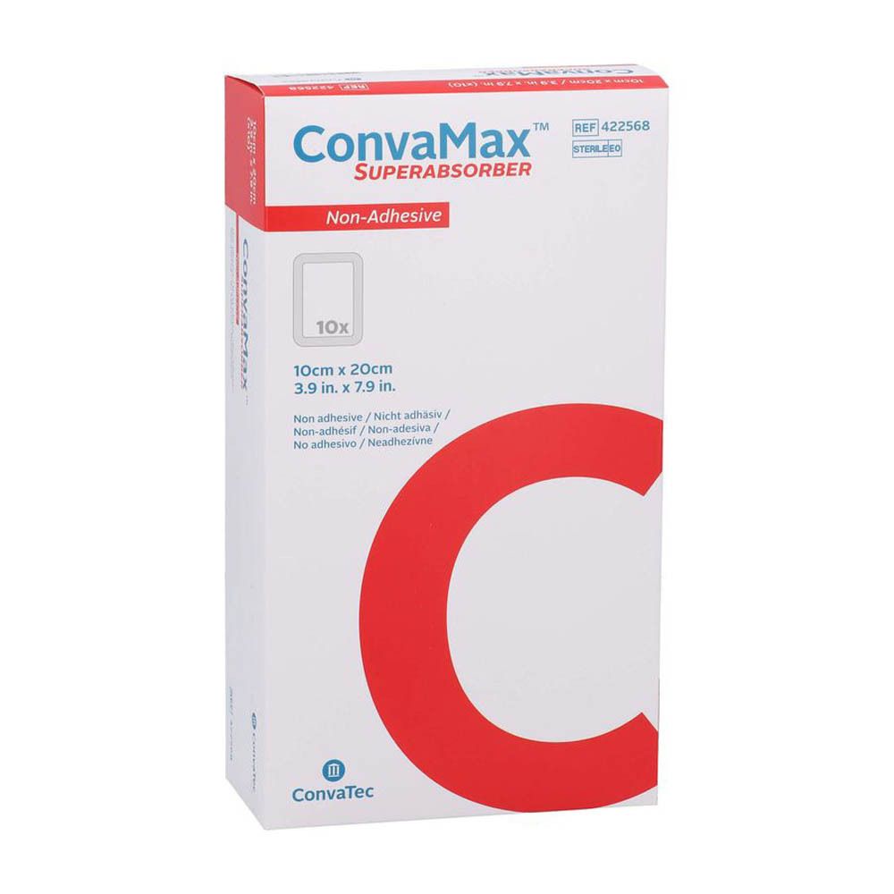 Boîte de pansements ConvaMax Superabsorber non adhésifs. Dimensions 10x20cm. Contient 10 unités.