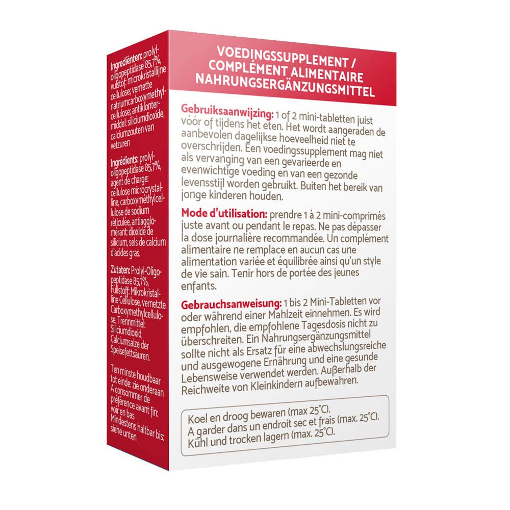 Ineopep® doos, rode verpakking. Bevat 90 mini-tabletten. Opschrift: 30.000 PPI. 6,3g.