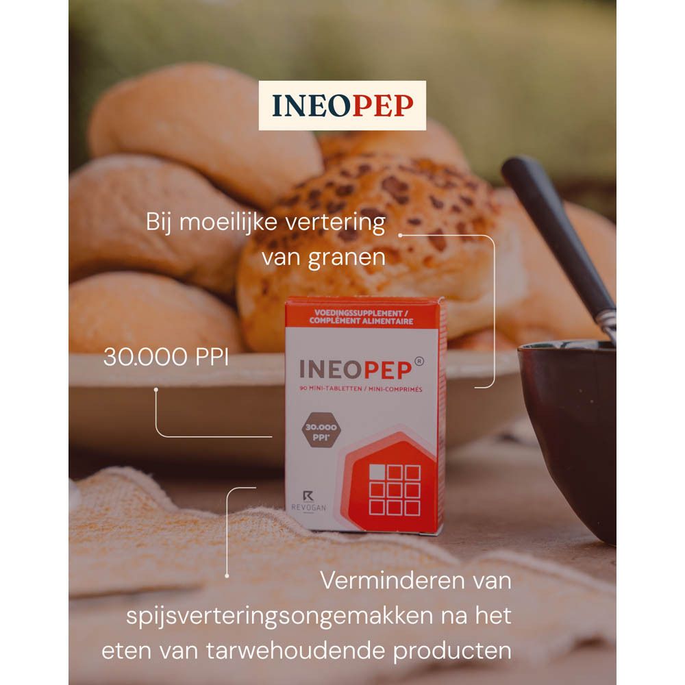 Ineopep® verpakking, witte houder met rode deksel. Bevat 90 mini-tabletten. Merk Revogan.
