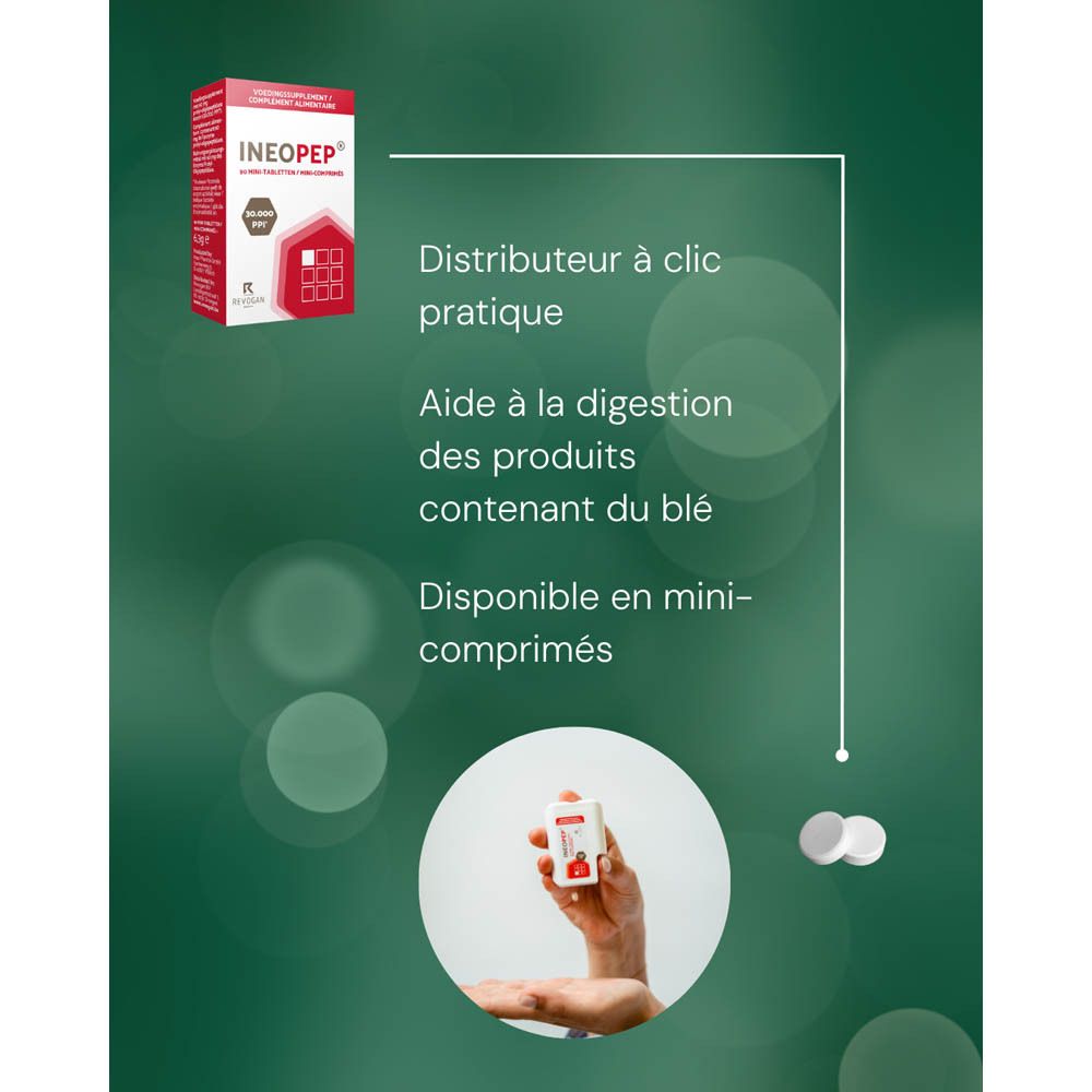 Boîte rouge Ineopep®. Contient 90 mini-comprimés. Inscription : 30 000 PPI. Marque Revogan.