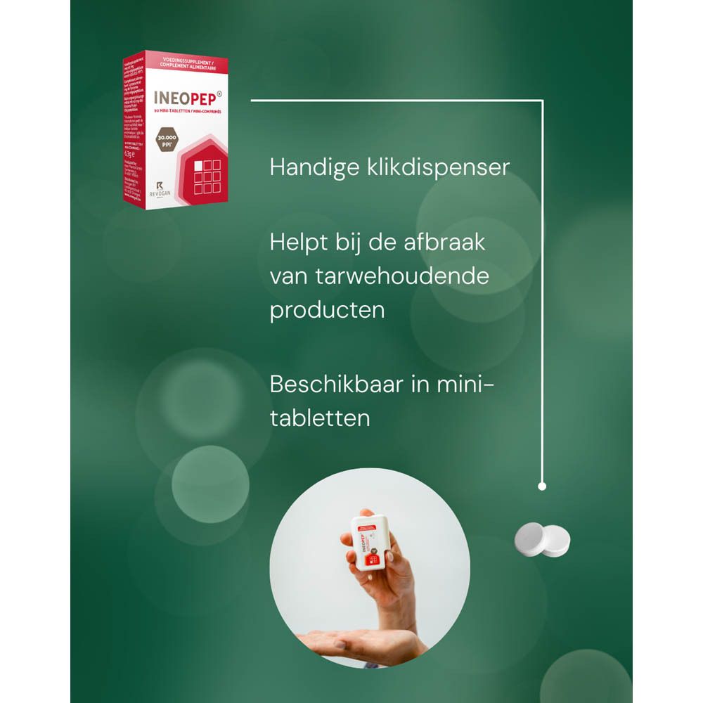 Ineopep® verpakking, witte houder met rode deksel. Bevat 90 mini-tabletten. Merk Revogan.