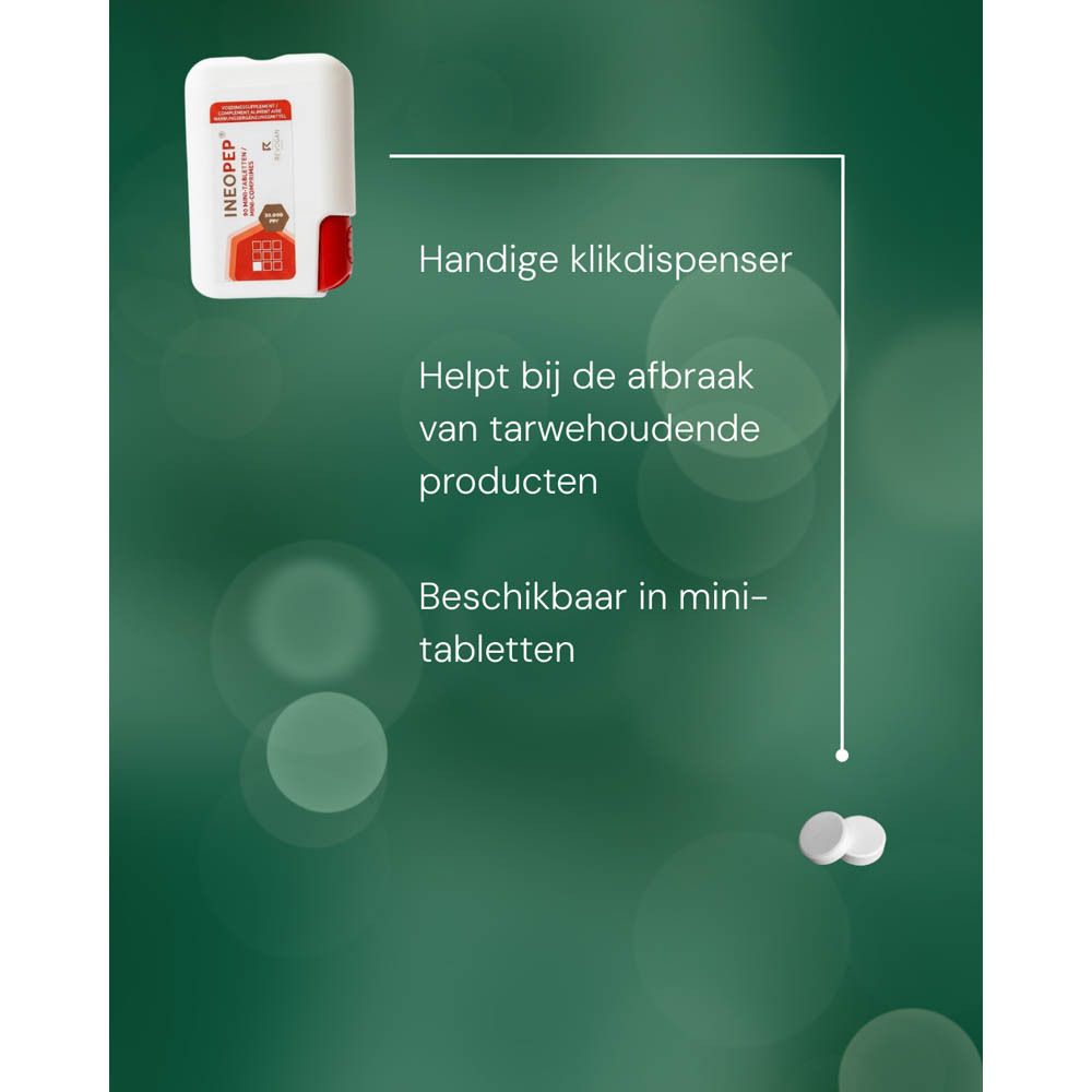 Ineopep® verpakking, witte houder met rode deksel. Bevat 90 mini-tabletten. Merk Revogan.