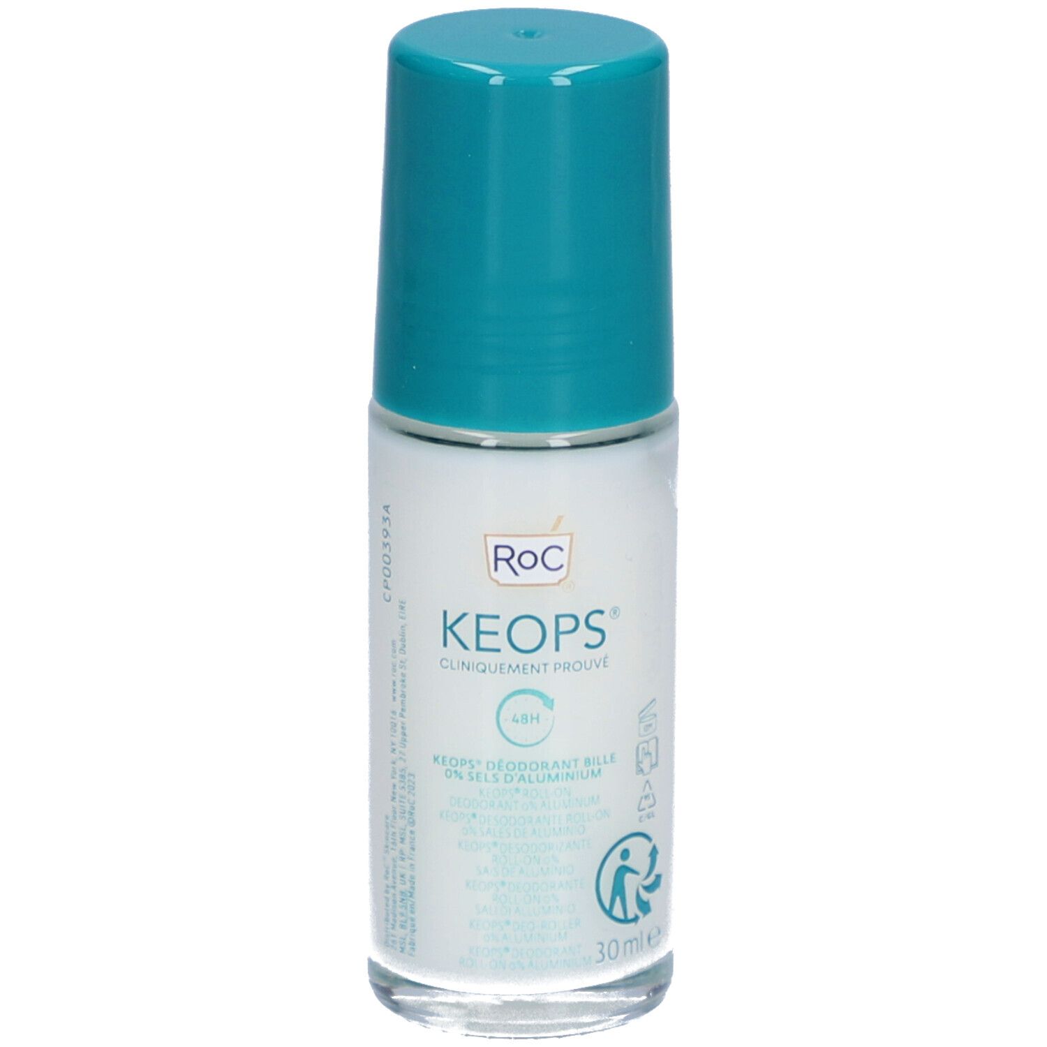 RoC Keops roll-on deodorant, witte fles, turquoise dop. Opschriften: Keops, 48H, 0% aluminium. 30 ml.