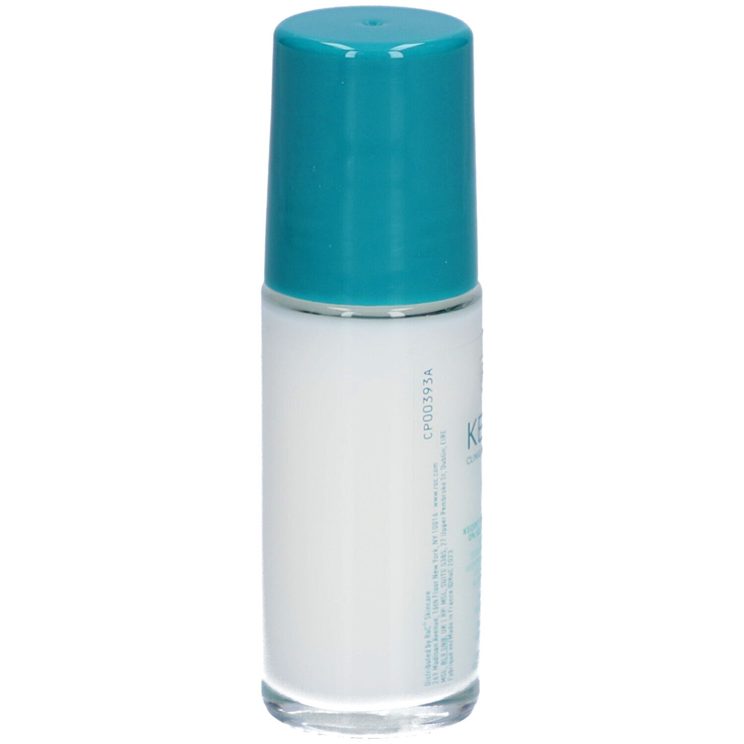 Achterkant van de RoC Keops roll-on deodorant. Witte fles, turquoise dop. Tekst en logo's.