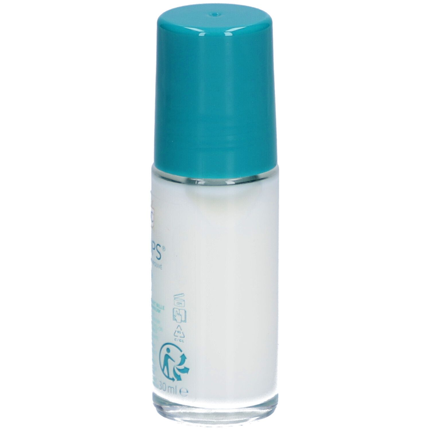 RoC Keops roll-on deodorant, witte fles, turquoise dop. Opschriften: Keops, 48H, 0% aluminium.