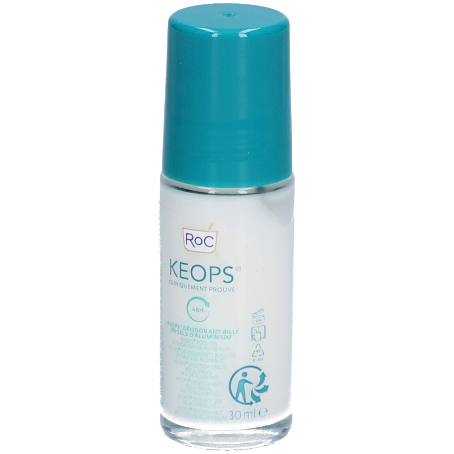 RoC Keops roll-on deodorant, witte fles, turquoise dop. Opschriften: Keops, 48H, 0% aluminium. 30 ml.