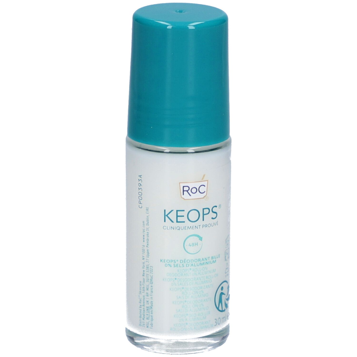 RoC Keops roll-on deodorant, witte fles, turquoise dop. Opschriften: Keops, 48H, 0% aluminium. 30 ml.