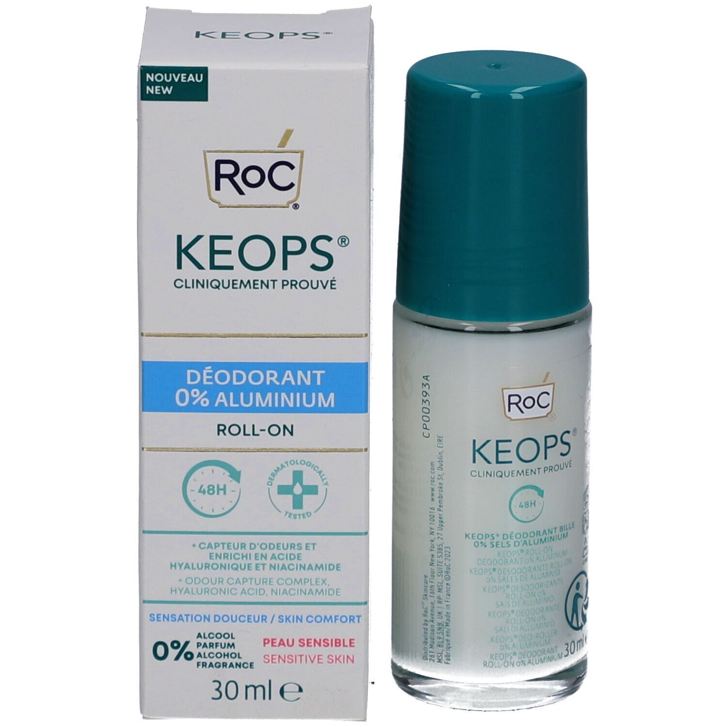 RoC Keops Deodorant Roll-On, met verpakking. Witte doos, turquoise accenten. Opschrift: 0% aluminium, 30 ml.