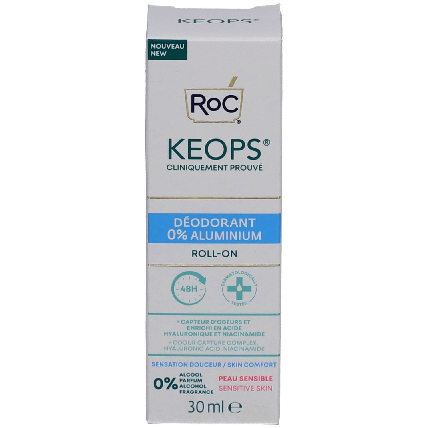 RoC Keops Deodorant Roll-On, verpakking. Witte doos, turquoise accenten. Opschrift: 0% aluminium, 30 ml.