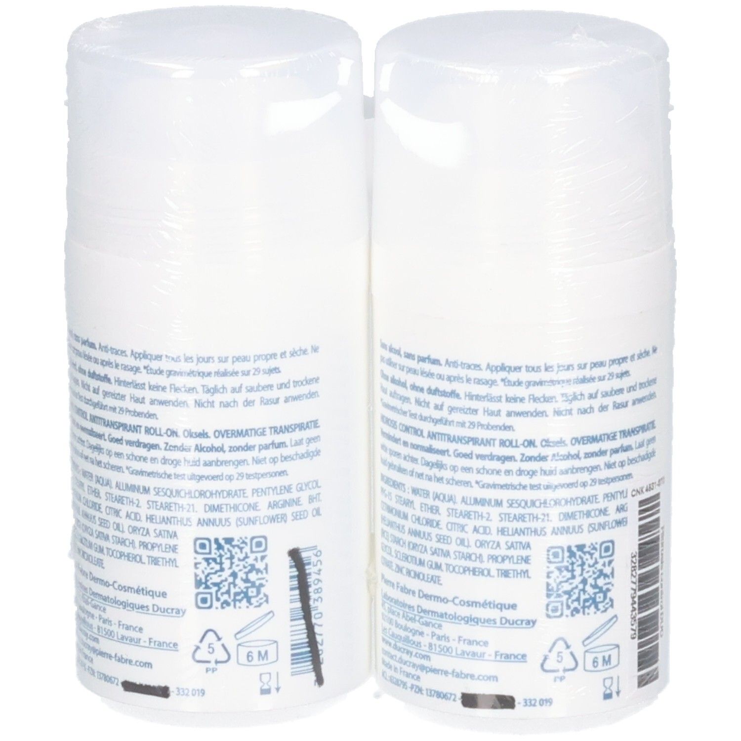 Achterkant van twee Ducray Hidrosis Control Roll-on anti-transpirant oksels, 40 ml. Met ingrediëntenlijst en QR-codes.