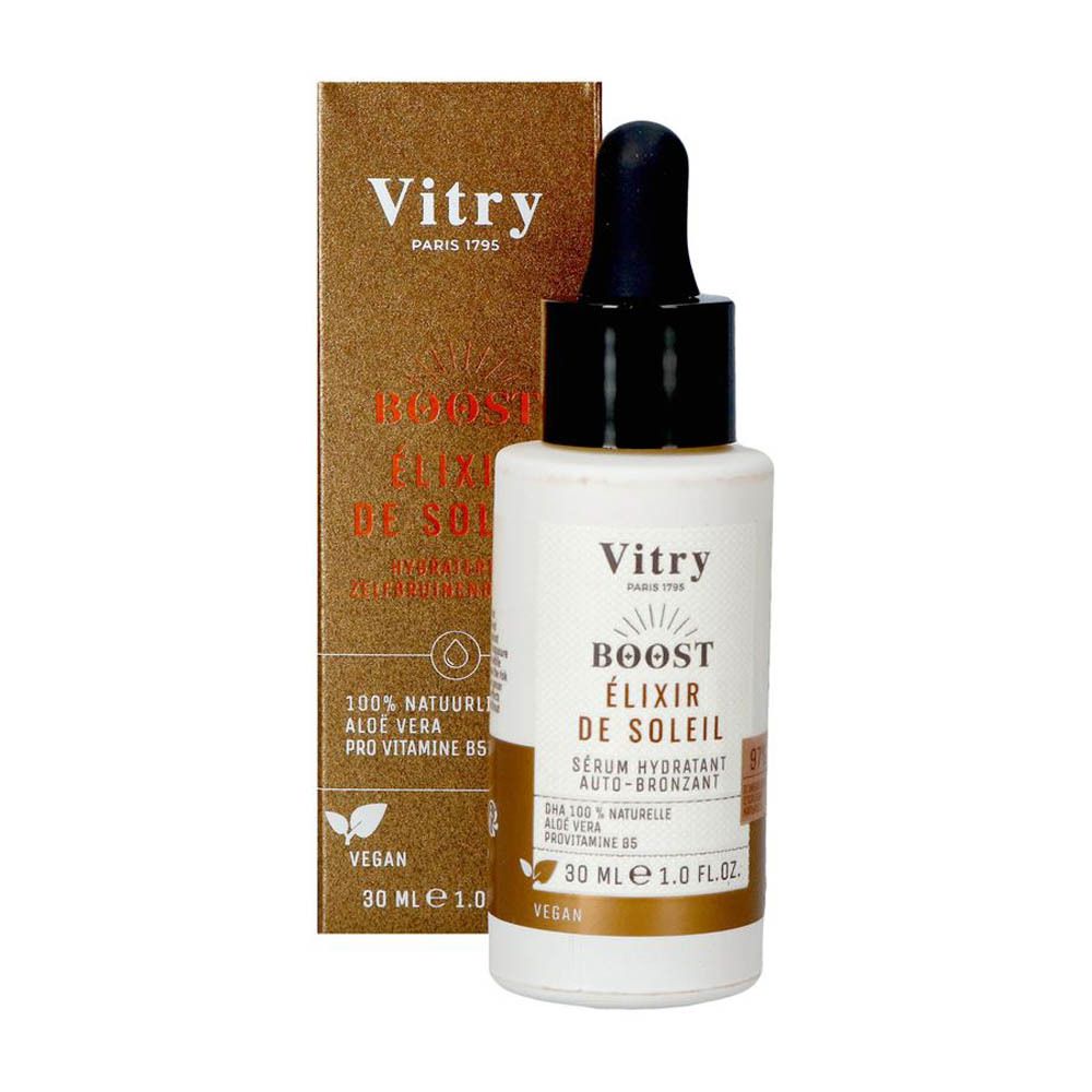Witte fles met zwarte pipet en productinformatie. Opschrift: Vitry, Boost Elixir de Soleil, 100% natuurlijk, Aloë Vera, Pro Vitamine B5.