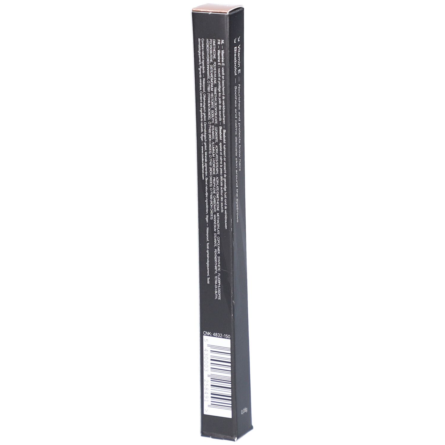 Achterkant van de zwarte verpakking. Tekst met productinformatie en barcode. Opschrift: COULEURS DE NOIR, STYLO SOURCILS 01.
