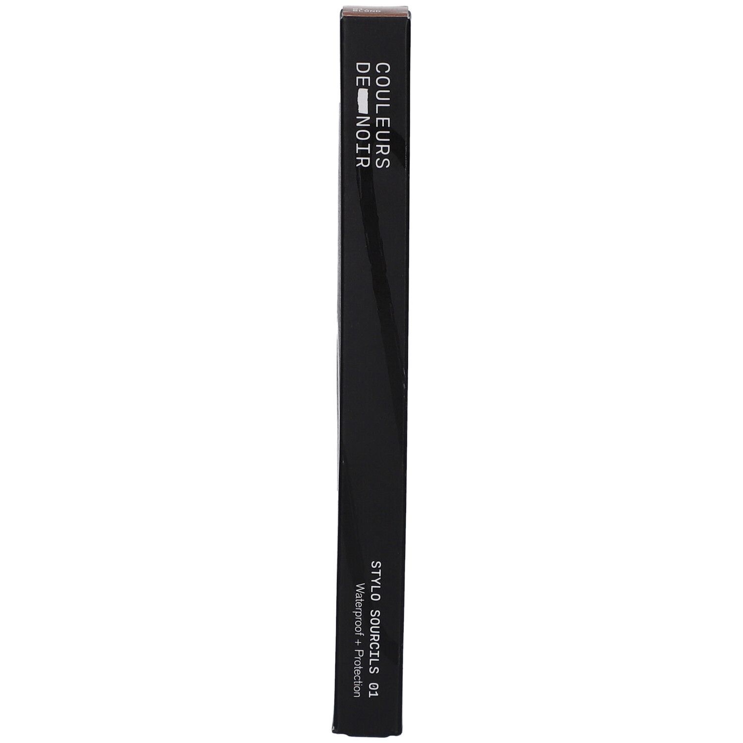 Zwarte verpakking met productnaam en -aanduiding. Opschrift: COULEURS DE NOIR, STYLO SOURCILS 01, Waterproof + Protection.