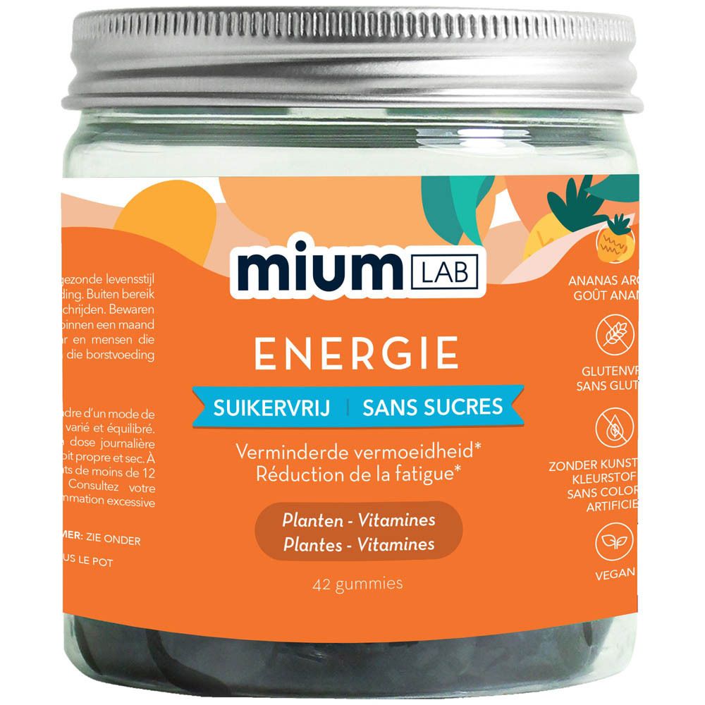 Pot de gummies MiumLab Énergie. Étiquette orange avec informations produit. Couvercle métallique.
