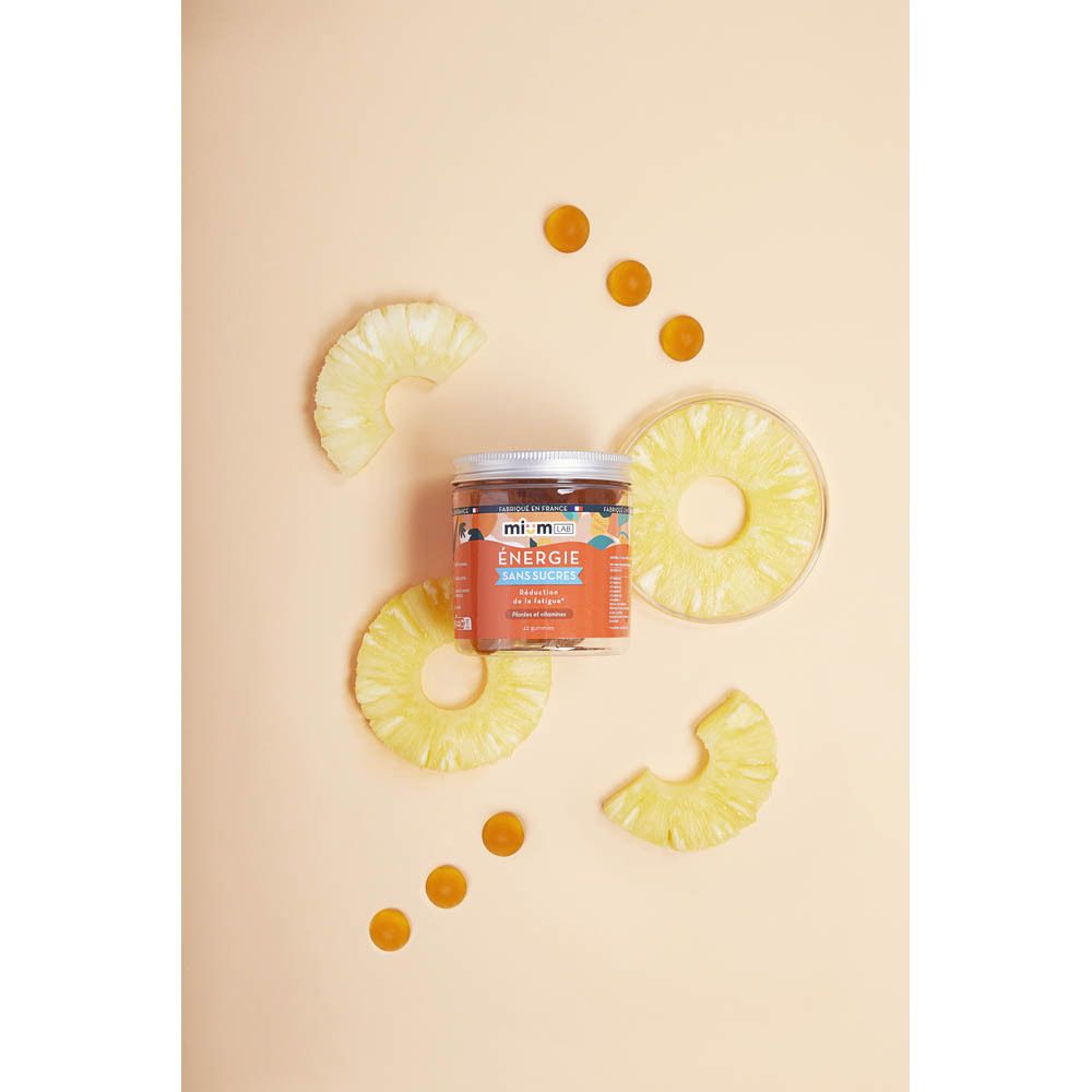 Pot de gummies MiumLab Énergie. Étiquette orange avec informations produit. Couvercle métallique.