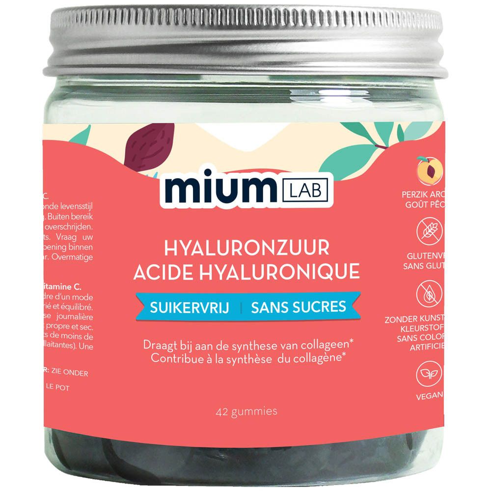 Pot de gummies MIUM LAB Hyaluronique. Étiquette rouge avec informations produit. Couvercle en métal.
