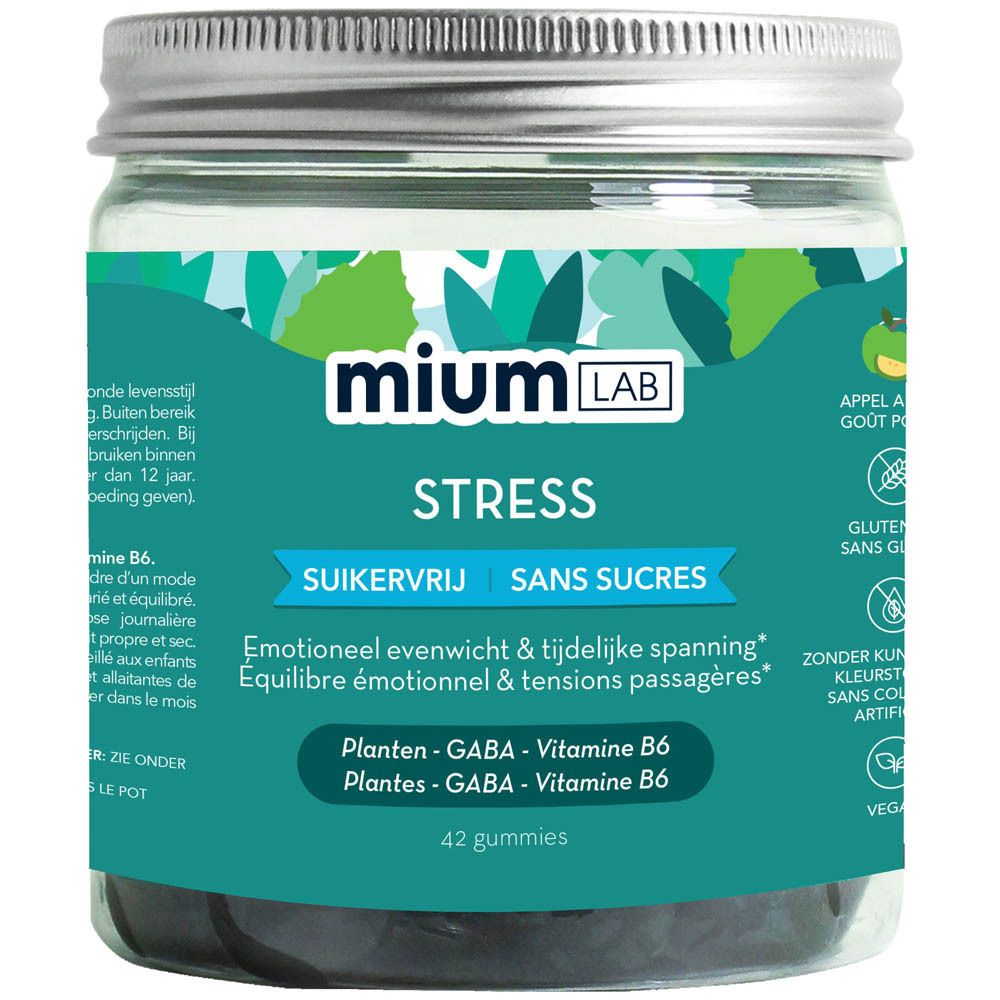 Pot MiumLab Stress met zilveren deksel. Opschrift: Stress, Suikervrij, Sans Sucres. Bevat 42 gummies.