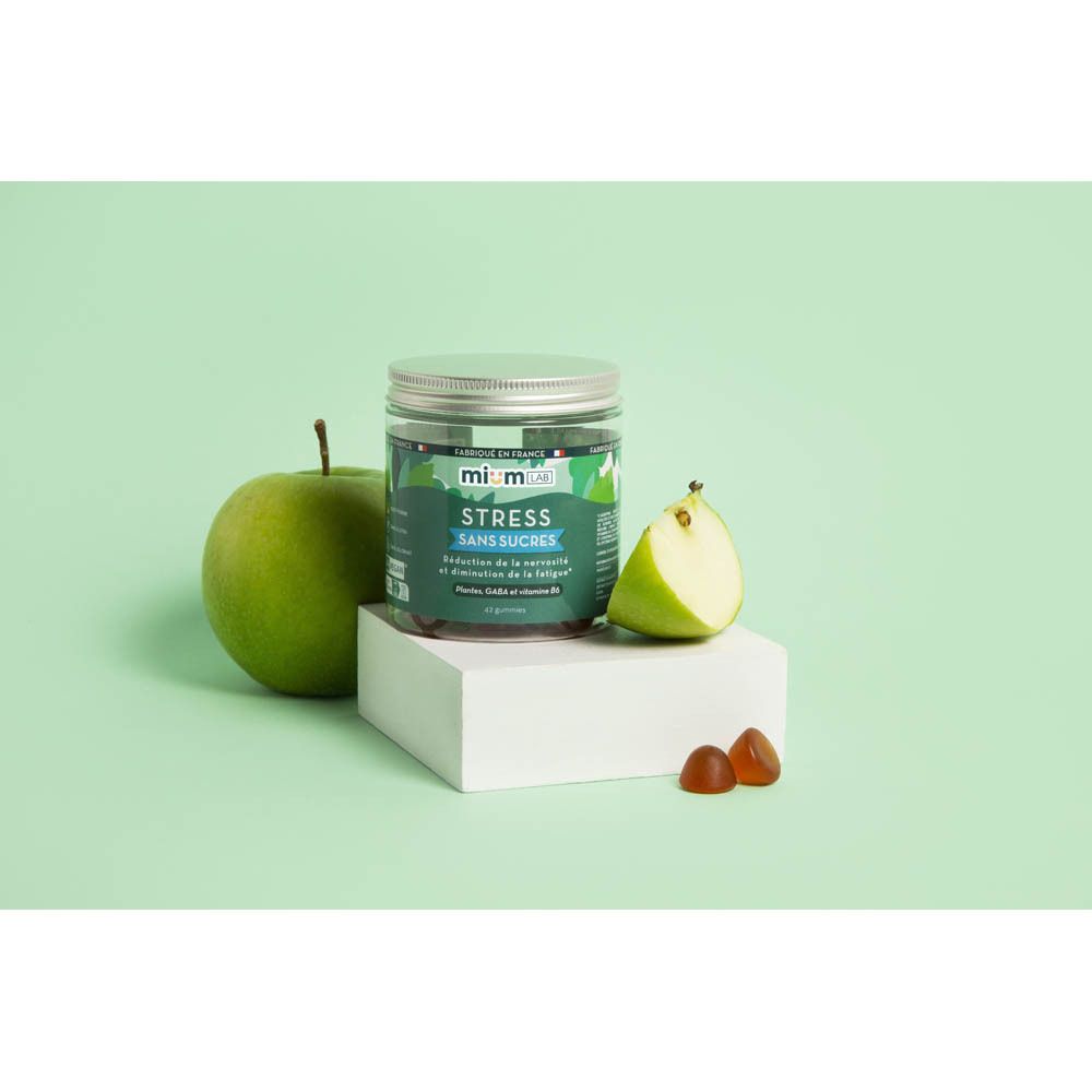 Pot MiumLab Stress avec couvercle argenté. Inscription : Stress, Zonder Suiker, Sans Sucres. 42 gummies.