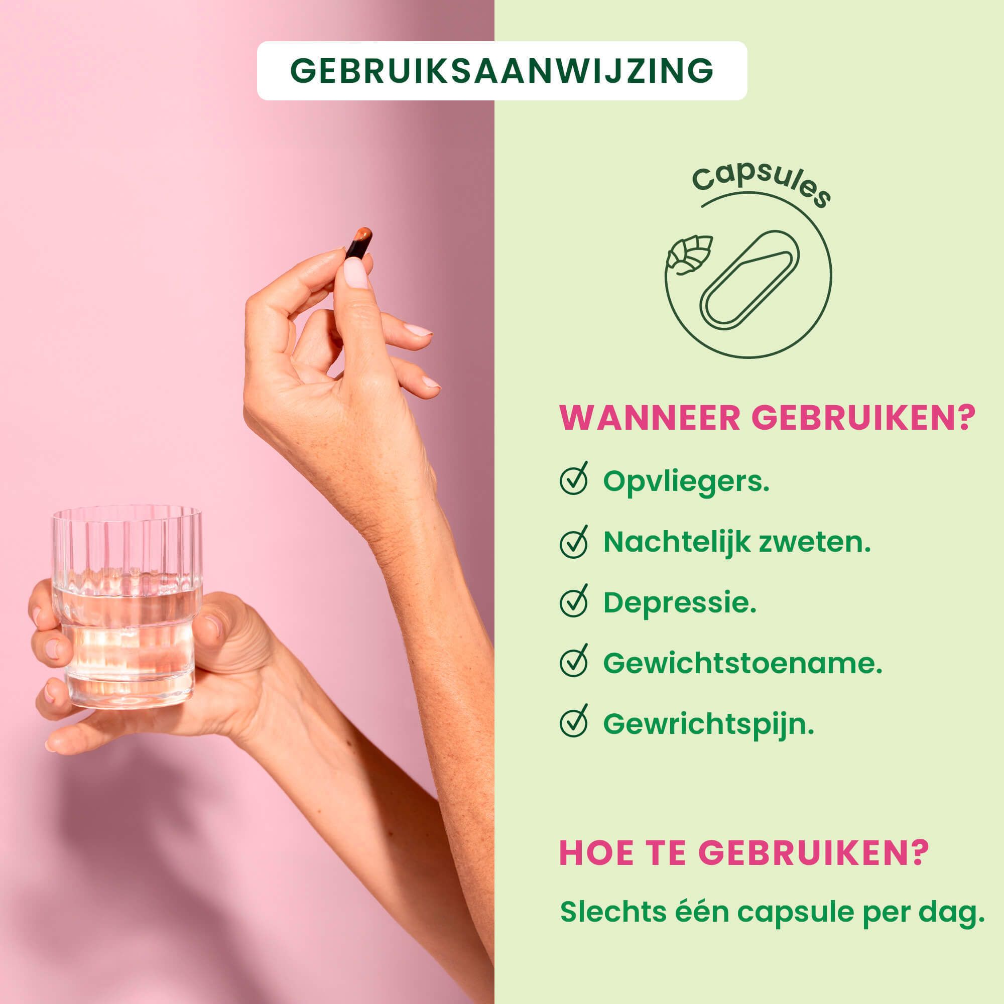 Herbalgem Menopauze. Vrouw met glas water en capsule. Opschrift: Opvliegers, nachtelijk zweten, depressie.