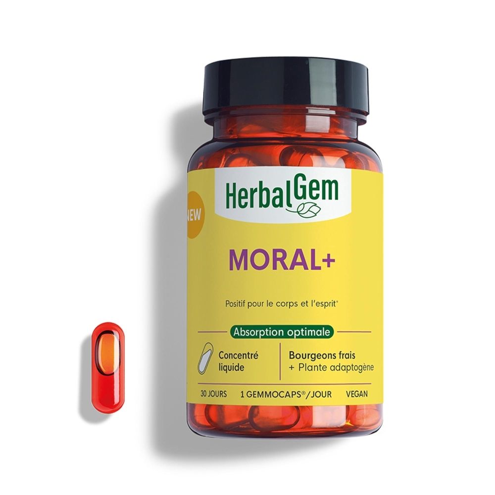 Flacon en verre brun avec bouchon noir, étiquette avec logo HerbalGem et inscription 'MORAL+', avec une capsule à côté.