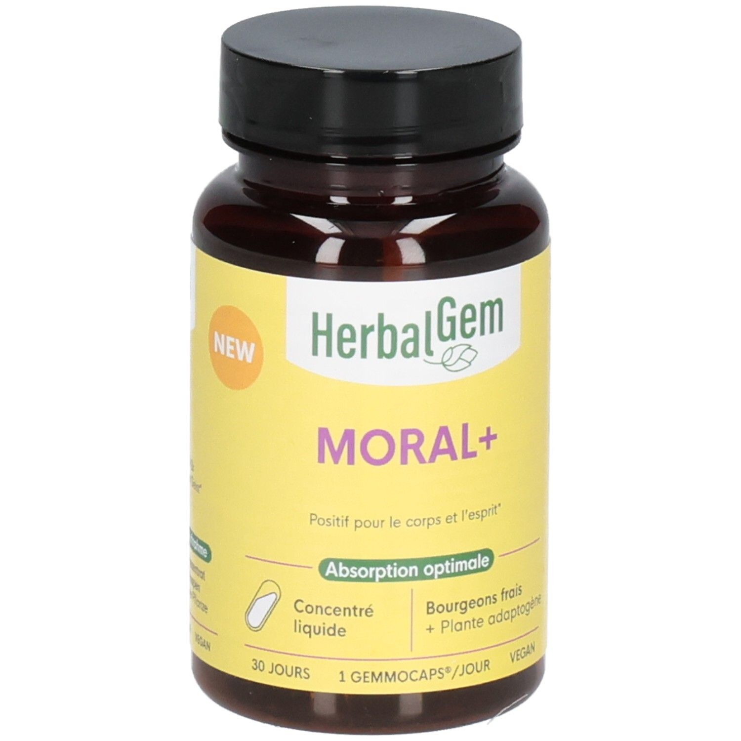 Bruine glazen fles met zwarte dop, etiket met HerbalGem logo en 'MORAL+' opschrift.