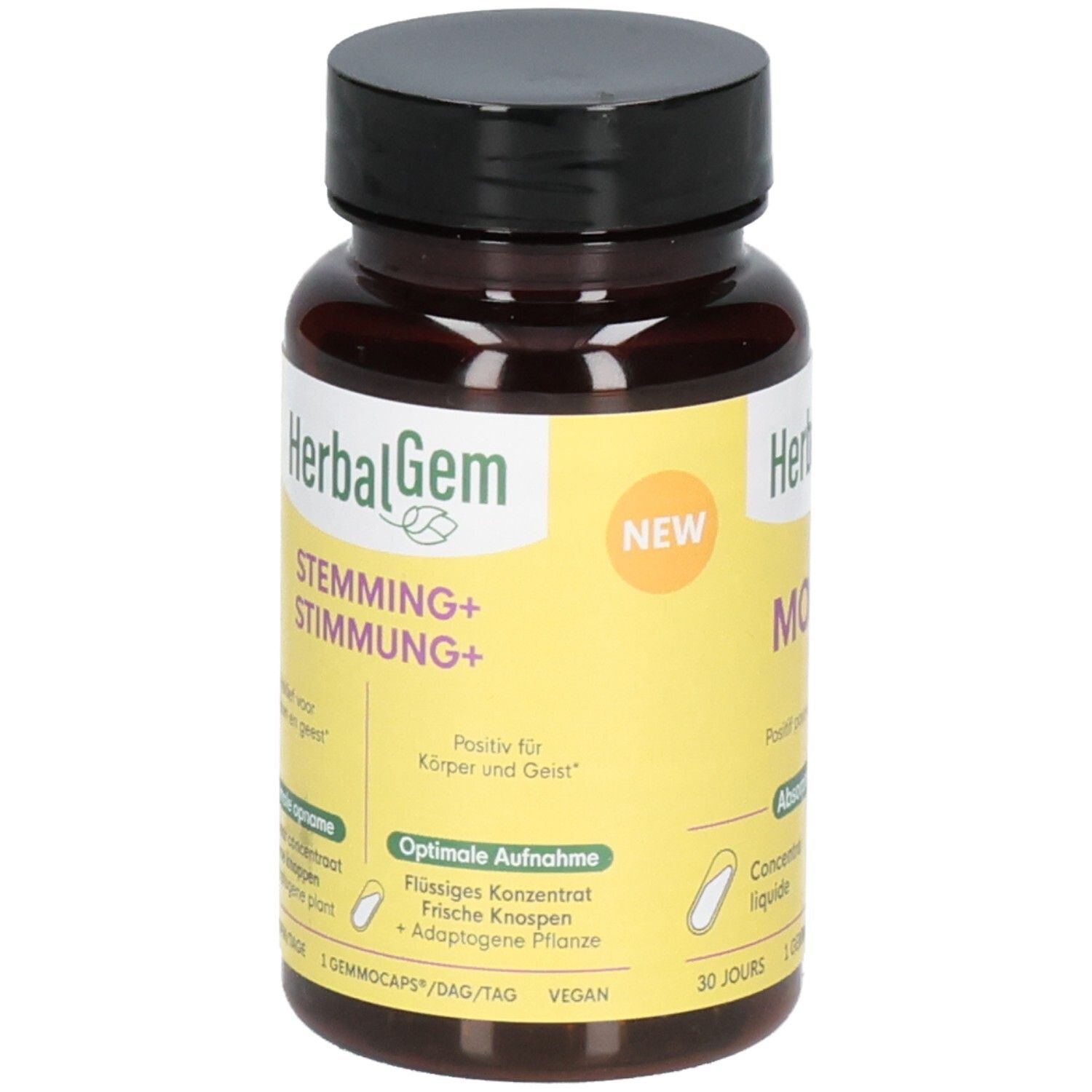 Bruine glazen fles met zwarte dop, etiket met HerbalGem logo en 'STEMMING+ STIMMUNG+' opschrift.