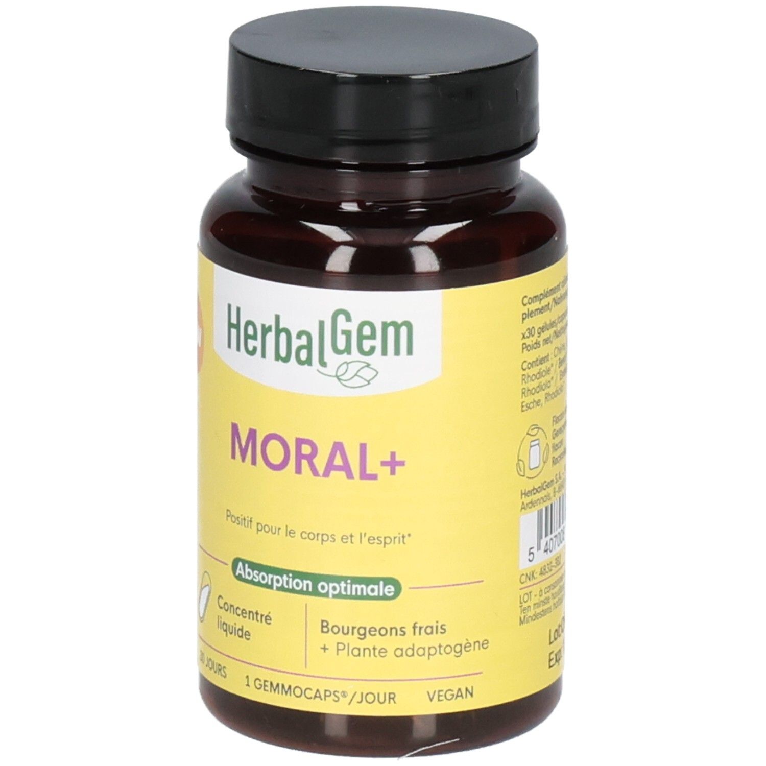 Bruine glazen fles met zwarte dop, etiket met HerbalGem logo en 'MORAL+' opschrift, van voren links gezien.