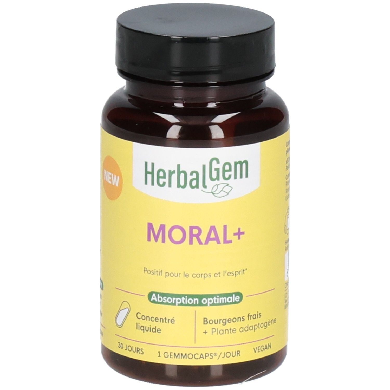 Bruine glazen fles met zwarte dop, etiket met HerbalGem logo en 'MORAL+' opschrift, van voren rechts gezien.