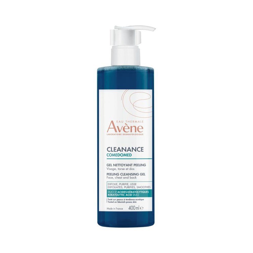 Flacon bleu Avene Cleanance Comedomed Peeling Gel avec pompe. Contient 400ml. Inscription: Gel Nettoyant Peeling.