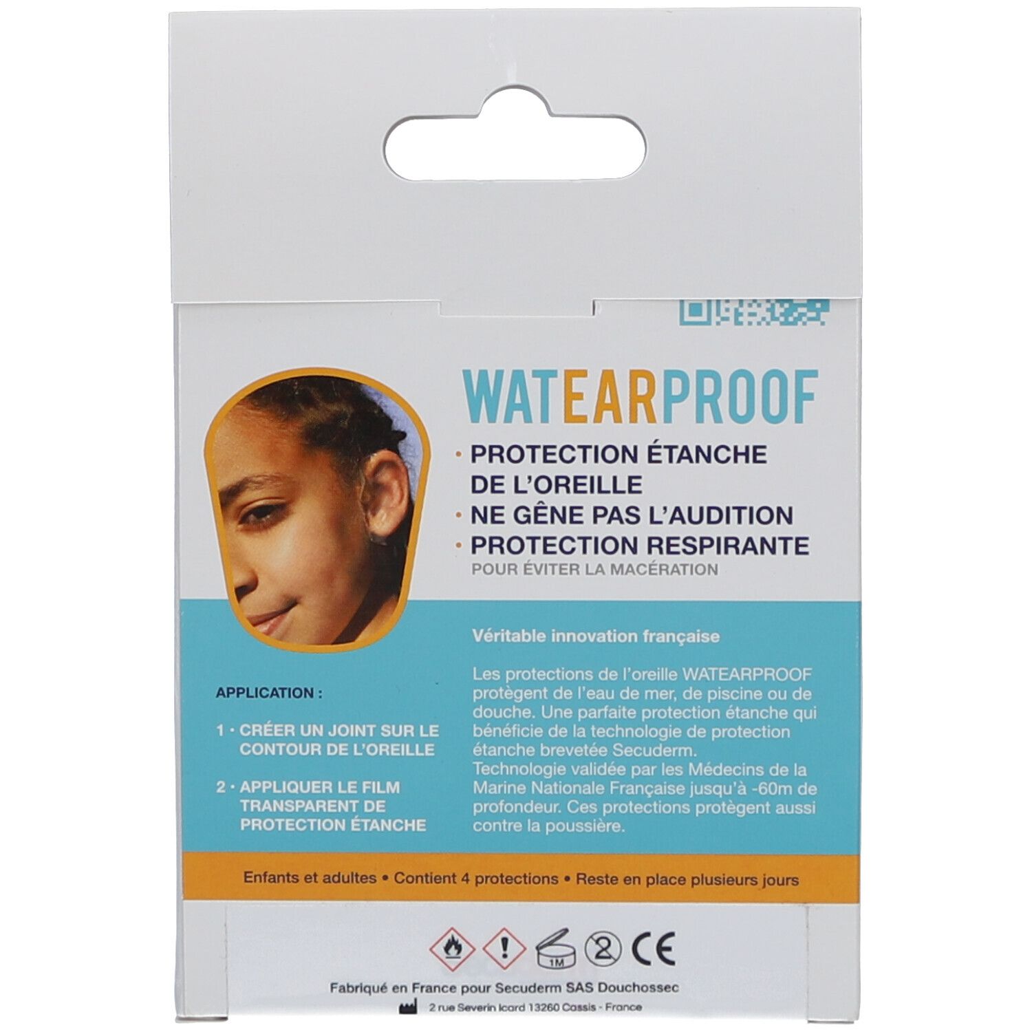 Dos de l'emballage. Texte: Watearproof, protection. Illustration d'un visage. Application: 1. Sceller. 2. Appliquer film transparent. 4 protections.