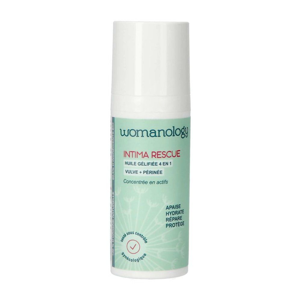 Womanology Intima Rescue witte fles. Groen etiket met tekst: Intima Rescue, 4 en 1, Vulva + Périnée. Met certificering.