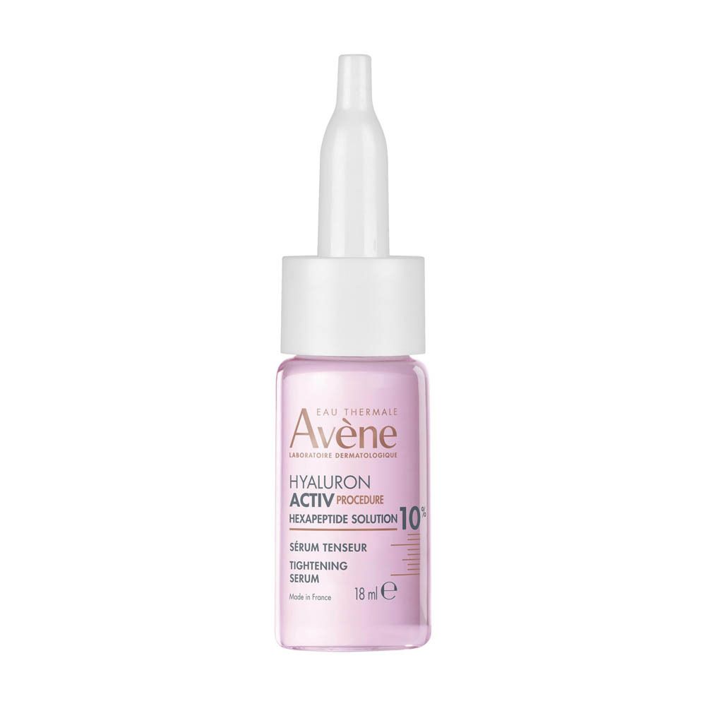 Flesje serum. Witte dop, transparant glas. Opschrift: Eau Thermale Avène, Hyaluron Activ Procedure.