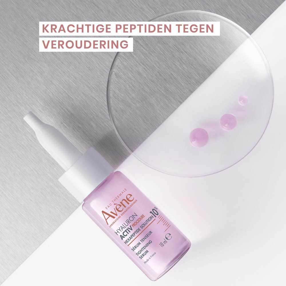 Serumflesje en druppels. Tekst: Krachtige peptiden tegen veroudering. Opschrift: Eau Thermale Avène.