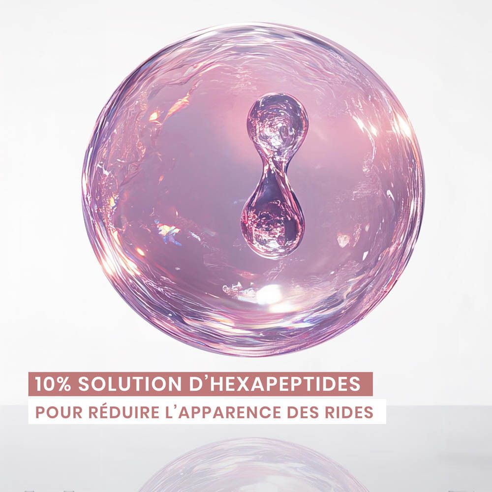 Illustratie van moleculen. Tekst: 10% solution d'hexapeptides pour réduire l'apparence des rides.
