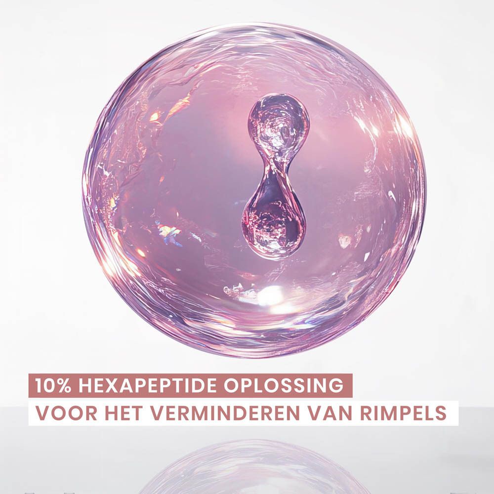 Illustratie van moleculen. Tekst: 10% hexapeptide oplossing voor het verminderen van rimpels.