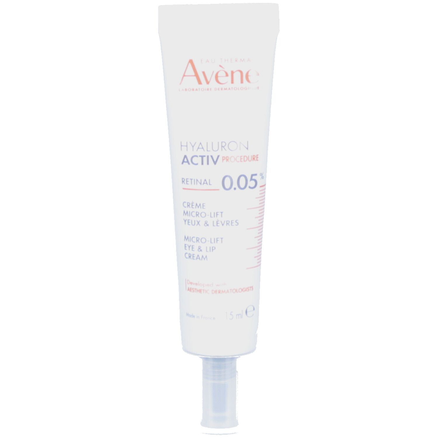 Witte tube met tekst. Merk Avène, productnaam Hyaluron Activ Procedure Retinal 0.05%. Crème voor ogen & lippen.
