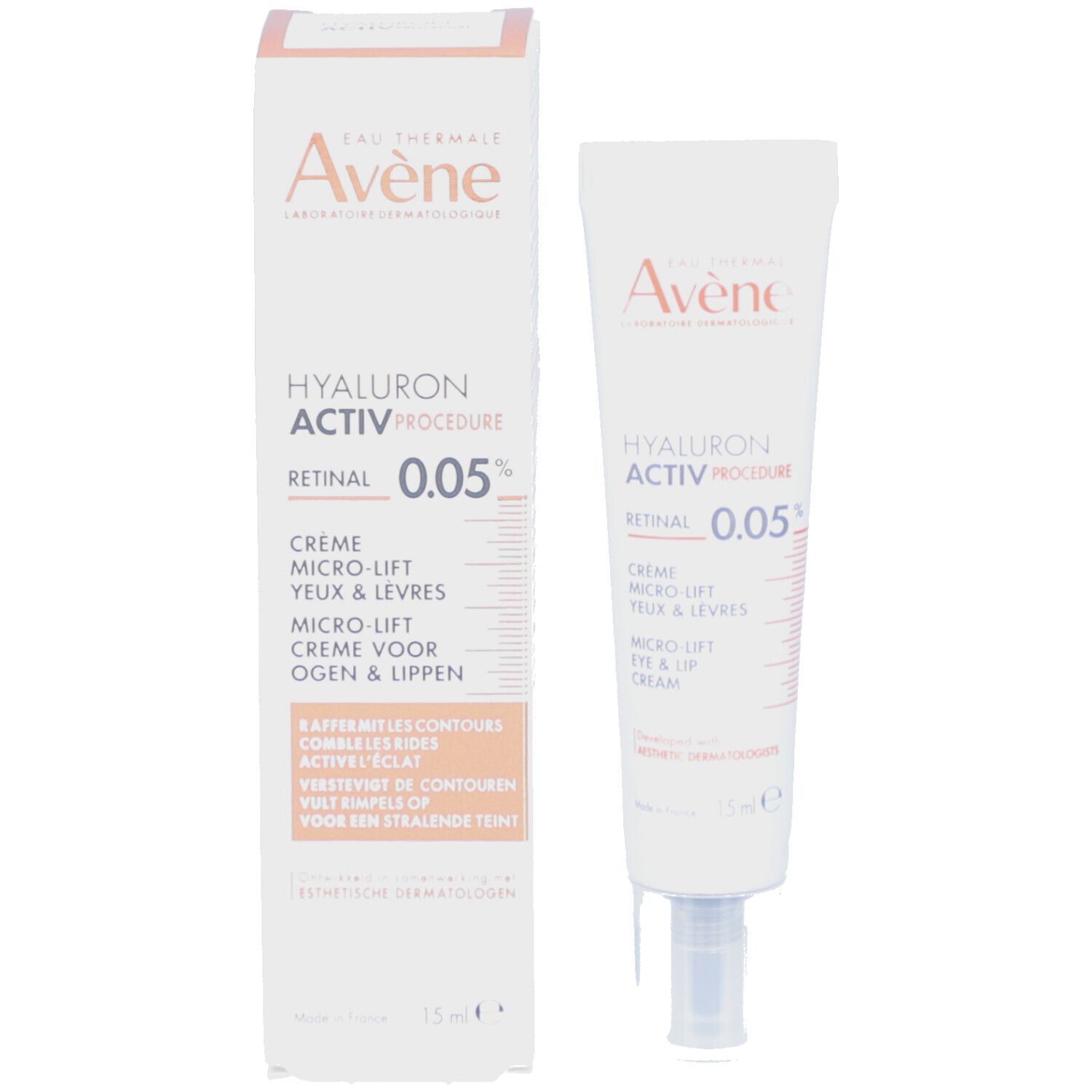 Verpakking en tube. Verpakking met productnaam en merk Avène. Tube met productinformatie.