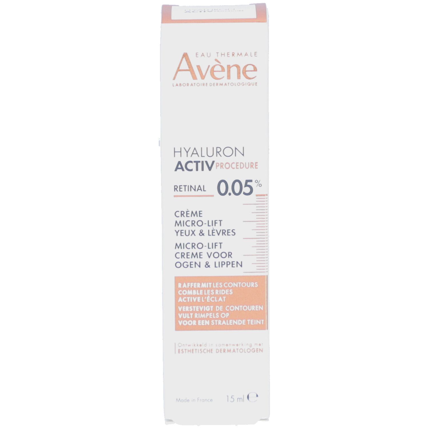 Productverpakking. Merk Avène, productnaam Hyaluron Activ Procedure Retinal 0.05%. Crème voor ogen & lippen.