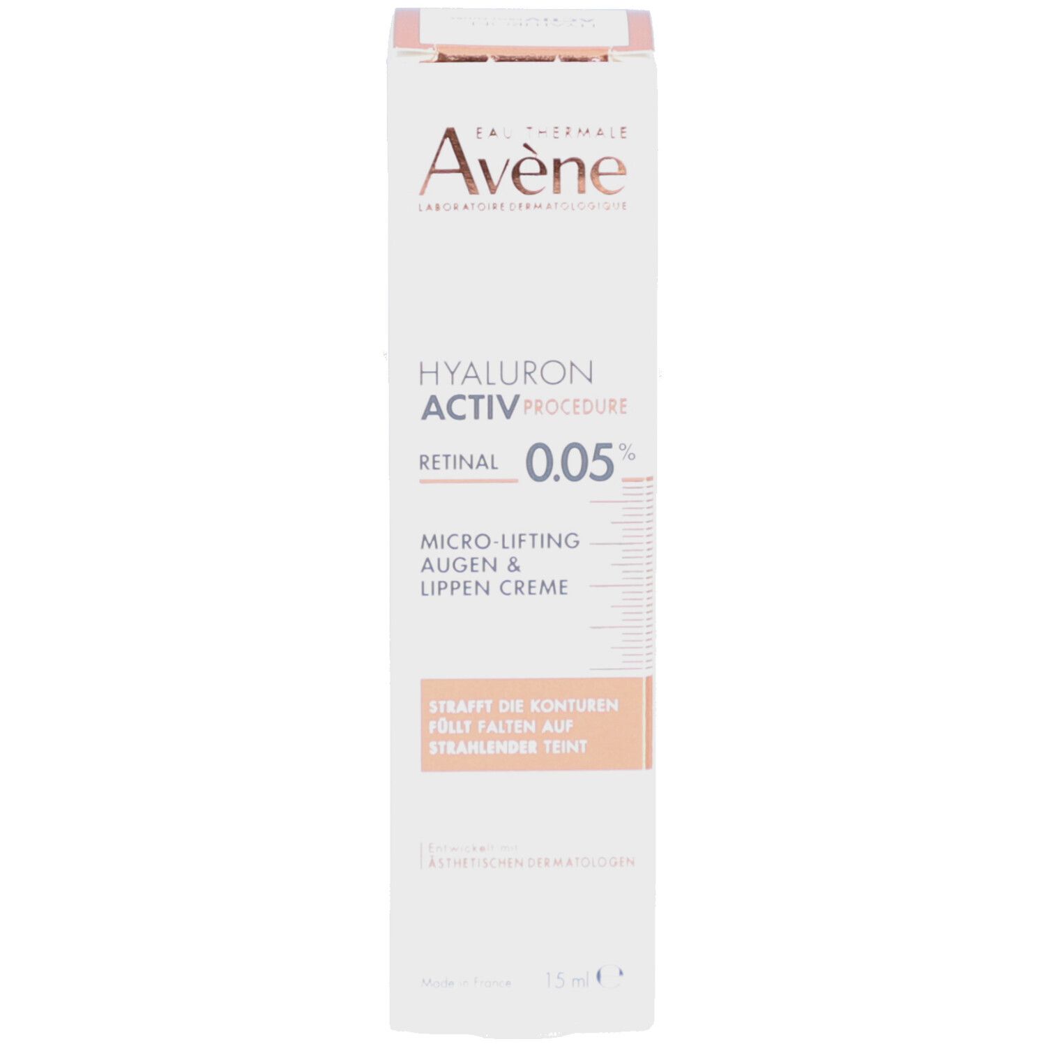 Productverpakking. Merk Avène, productnaam Hyaluron Activ Procedure Retinal 0.05%. Crème voor ogen & lippen.