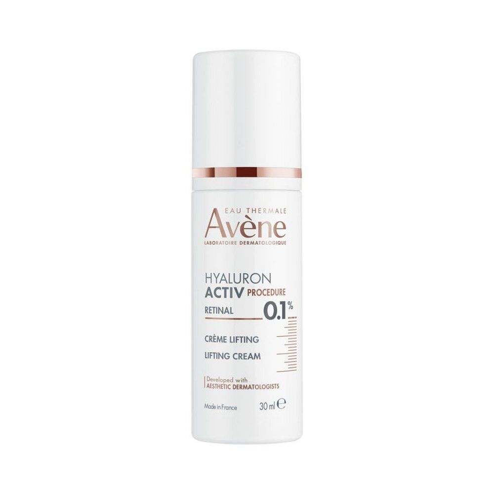 Witte fles met crème. Opschrift: Eau Thermale Avène, Hyaluron Activ Procedure Retinal 0.1%, Crème lifting.