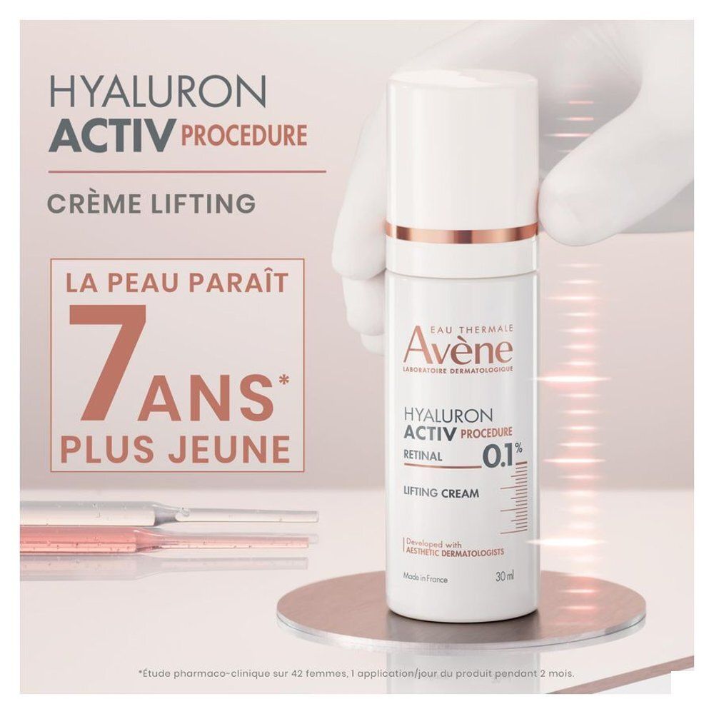 Emballage et flacon. Inscription: Eau Thermale Avène, Hyaluron Activ Procedure Retinal 0.1%, Crème lifting.
