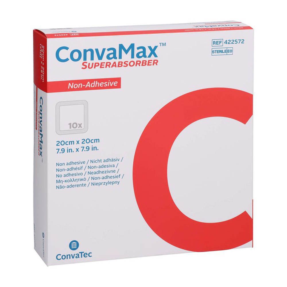 Emballage Convamax Superabsorber. Boîte blanche avec un C rouge. Nom du produit et caractéristiques en plusieurs langues.