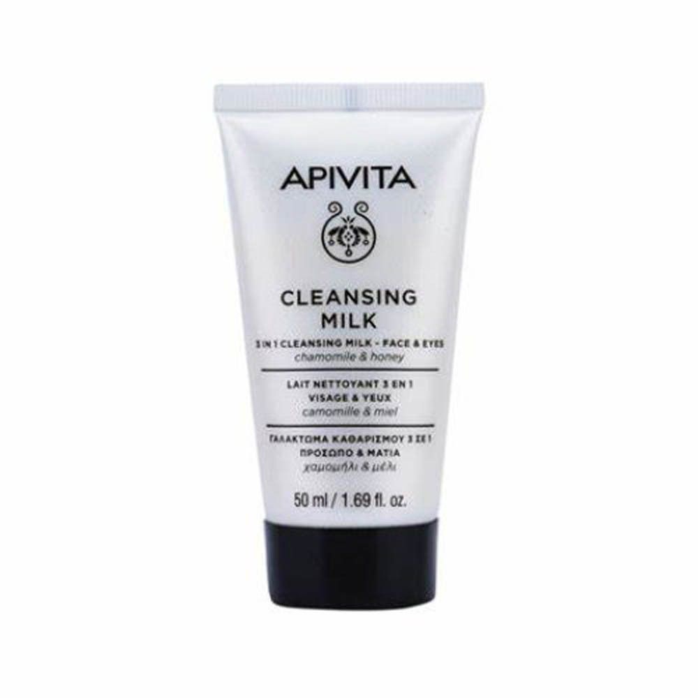 Witte tube met zwarte dop. Opschrift: Apivita, Cleansing Milk. Tekst in het Engels, Grieks en Frans. 50 ml.