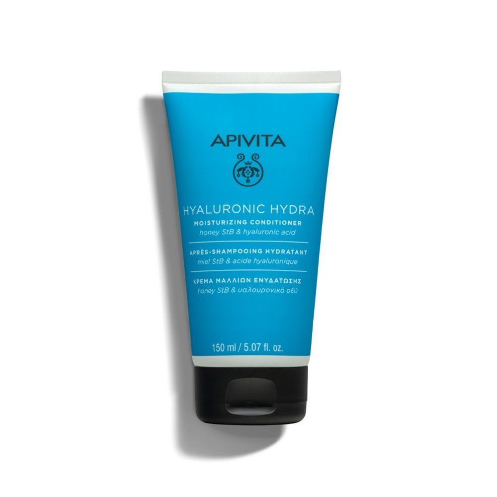 Blauw-witte tube. Opschrift: APIVITA, HYALURONIC HYDRA, Moisturizing Conditioner. Zwarte dop. Productnaam en ingrediënten.