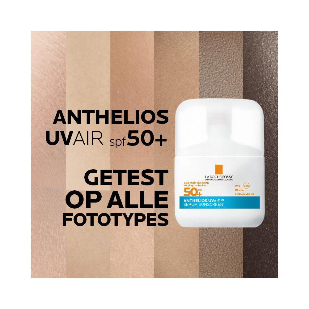 Productafbeelding met huidtintvoorbeelden. Opschrift: Anthelios Uvair SPF 50+.