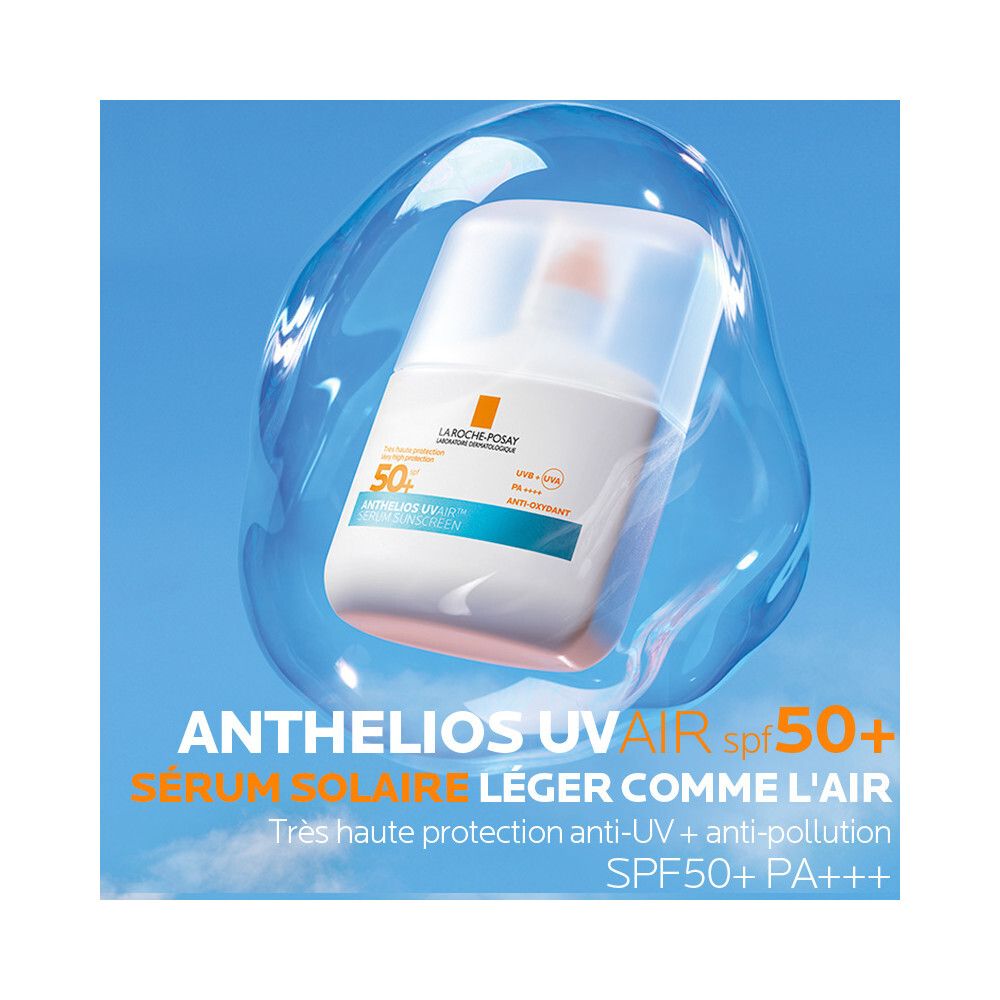 Produit dans une bulle. Inscriptions: Anthelios Uvair SPF 50+ Sérum Solaire.